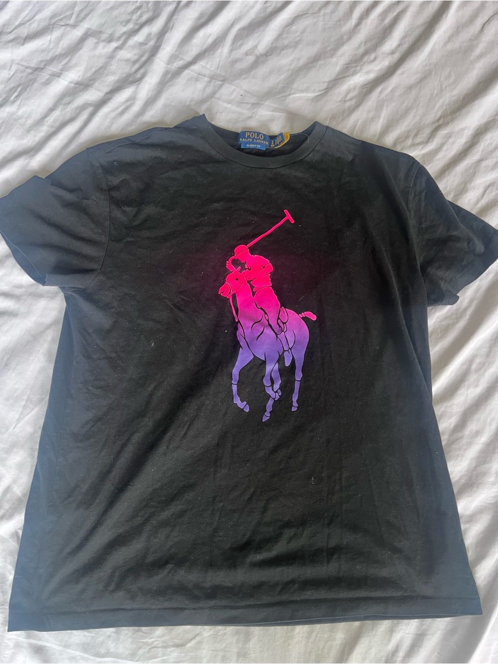 Polo by Ralph Lauren Black Tee with Pink-to-Purple Polo Player Graphic
